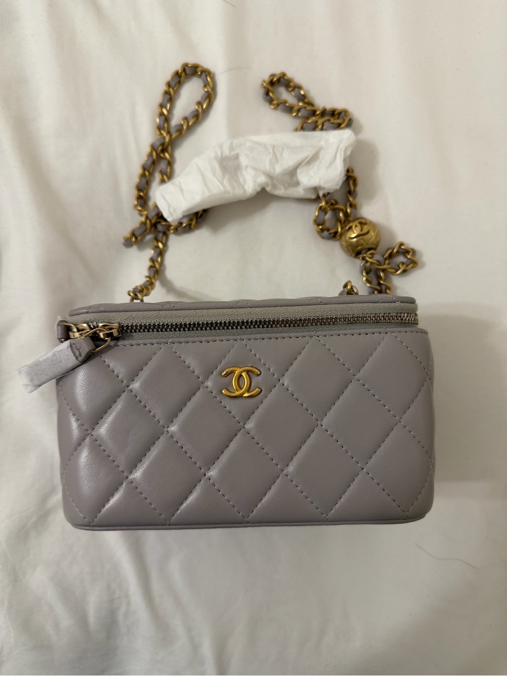 CHANEL Quilted Lambskin Pearl Crush Vanity in Gray with Gold Hardware